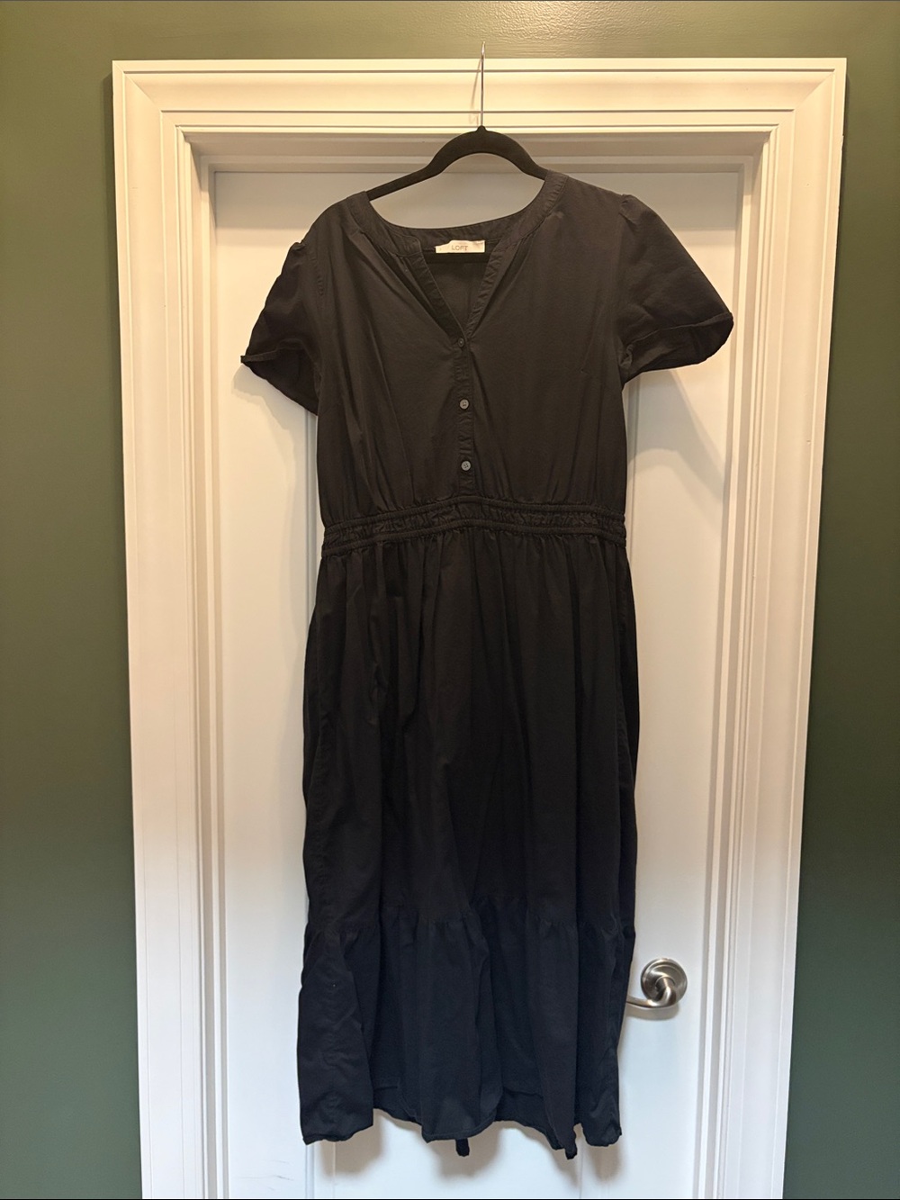 LOFT Black Short-Sleeve V-Neck Midi Dress